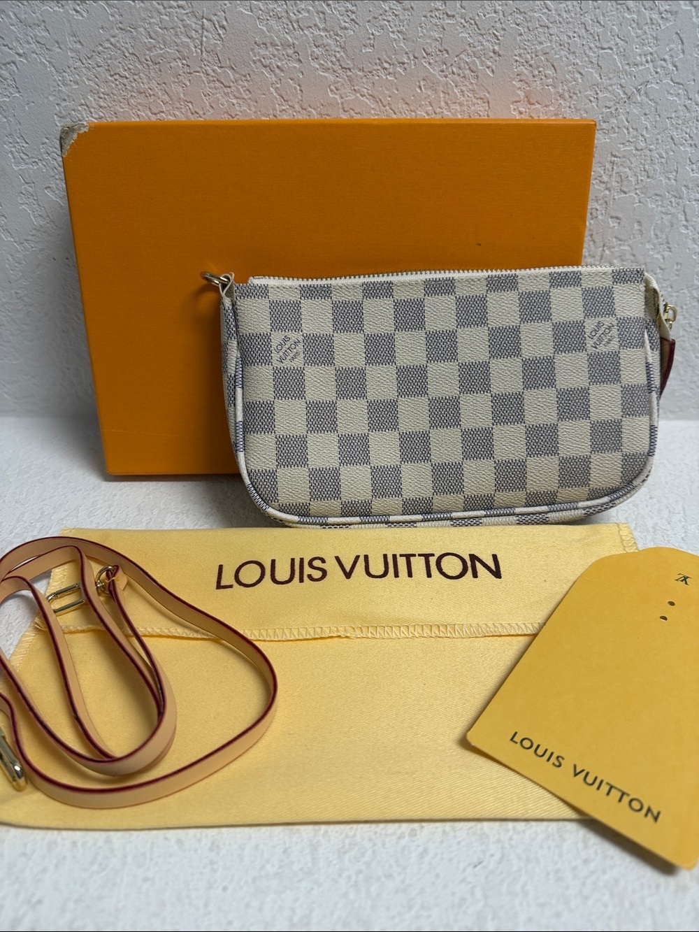 NEW Mini Pochette with Natural Trim Cream and Grey Check Pattern